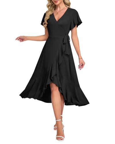 Image of AUSELILY Women Summer Midi Dresses Wrap Short Flutter Sleeve Elegant Dress | High Slit,High-waisted,Ruffled Hem,V-Neck,Fixed-strap Design,Skin-Friendly,Breathability,Wedding Guest Dresses