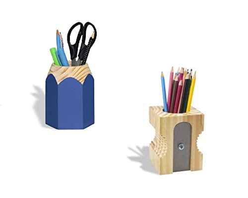 Kit Organizador Porta Canetas em Formato de Lápis Azul e Apontador