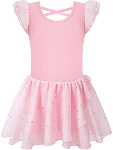 Image of MOLLDAN Girls Dance Leotards for Ballet Dress Shiny Skirt Ruffle Sleeve Crisscross Back
