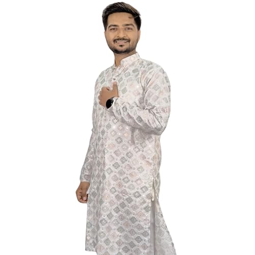 Image of KNETLI Men's Kurta | Button Down Short Kaftan Side Split | Knee Length Jubba Cotton Ethnic Wear Long Sleeve White Kurta 42 Inches
