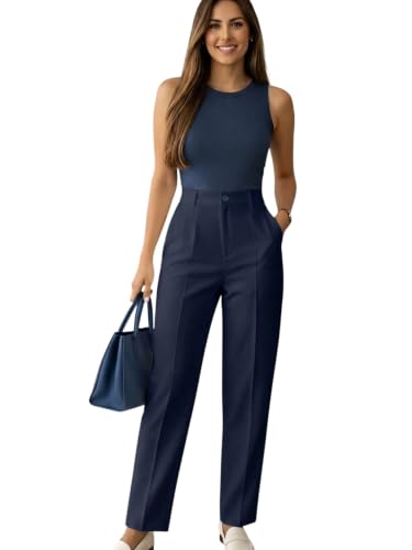 Image of KATECLO Women's High Waisted Formal Trousers - Regular Fit Straight Leg Dress Pants with Pockets for Office, Workwear, & Casual Smart Looks