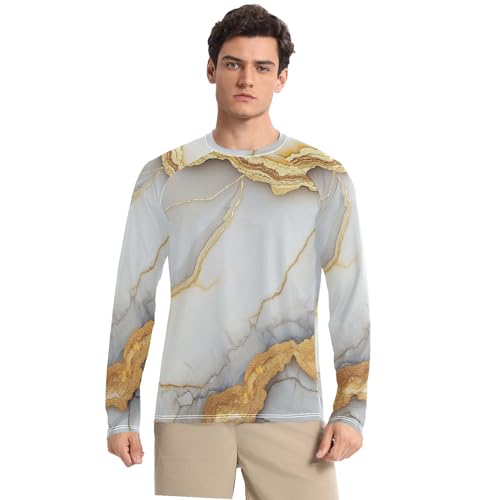 Marble White Yellow UPF 50+ Sun Shirts for Men Slim fit Elasticity UV Protection Long Sleeve Running