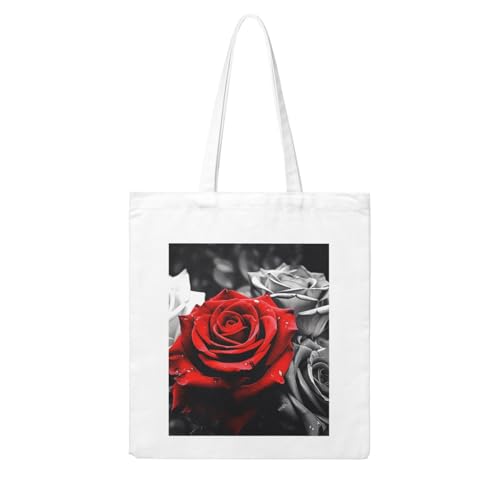 Black White And Red Roses Large Canvas Tote Bag Cute Travel Shoulder Bag Reusable Washable Shopping Grocery Bags For Women Men