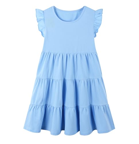 Image of HILEELANG Girls Cotton Tiered Dress Flutter Ruffle Sleeve Summer Swing Sundress Birthday Party Casual Outfit Colorblock 2-12Y