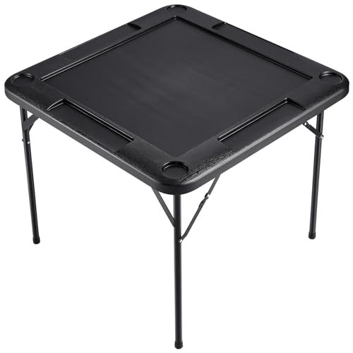 VEVOR Mahjong Table, Square 4 Player Folding Card Table with 4 Cup Holders & 4 Chip Trays, Portable Domino Game Table with 1 Set of Dominoes for Mahjong Poke Puzzles, 35.4 x 35.4-inch, Black