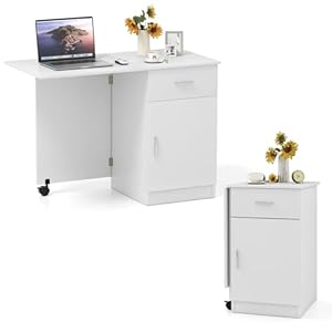 Giantex Folding Computer Desk with Drawer, Mobile Home Office Desk on Wheel w/Cabinet & Adjustable Shelf, Rolling Portable Laptop PC Table, Study Writing Desk for Small Spaces, Dorm, Apartment (White)