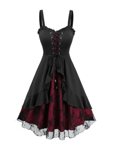 DRESSFO Womens Vintage Dress Gothic Flower Lace Jacquard Lace Up Ruffles A Line Cooktail Cami Dress(Deep Red/L)