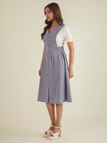 Image of WineRed Women Soild Pinafore Dress with Button