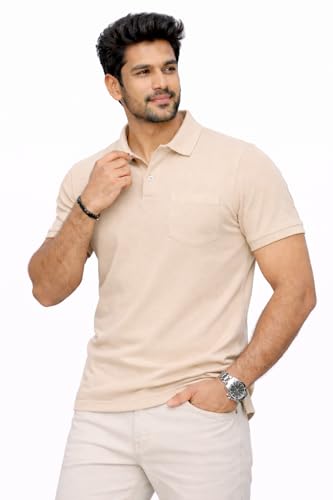 Image of Premium Pique Cotton Pocket Polo T-Shirt for Men | 210-220 GSM | Regular Fit | 2-Button Placket | Soft Breathable Fabric | XS-3XL