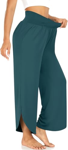 Image of TARSE Women's Wide Leg Yoga Pants Cross High Waist Flowy Split with Pockets | Comfy Lightweight Stretch, Flare Hem Cropped, Loose Dance Pants, Travel & Lounge, Everyday Casual Wear