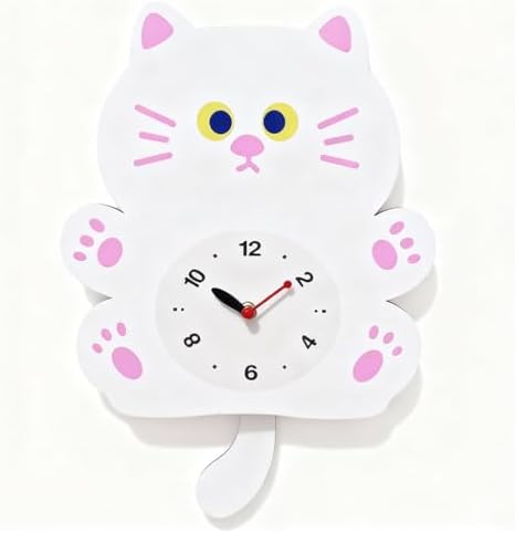 FASHION in THE CITY Adorable Cat Themed Swing Wall Clock - Silent Non-Ticking Pendulum Clock, Easy to Read Analog Clock for Cat Lovers, Nursery, Kitchen, Cute Home Decor Gift (YBZ001-White)