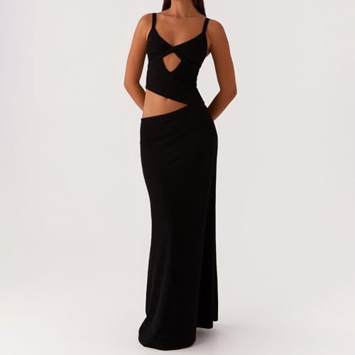 Image of Women Cut Out Maxi Dress Sleeveless Spaghetti Strap V Neck Backless Summer Bodycon Long Dress Party Dress