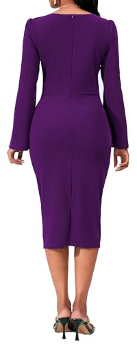 Image of Dresses for Women Elegant Long Sleeves Ruffles Pencil Knee Length Split Business Dress with Belt Zipper