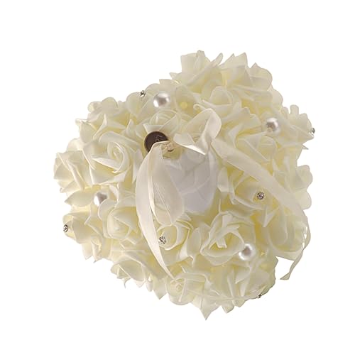 Parliky Milky White Heart Shape Ring Pillow for Wedding Engagement Ceremony Soft Decorative Cushion with Romantic Rose Design for Adds Charm to Your Special Day