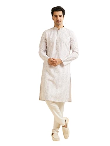 Image of Manyavar Men's Cotton Blend Floral Print & Chikankari Kurta Set (2pcs)