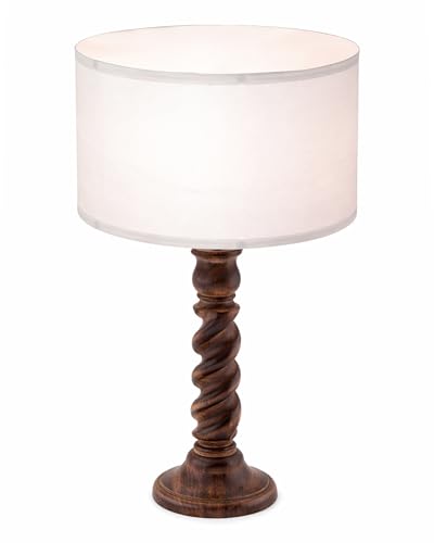 Image of Homesake Classic Twister Wooden Table Lamp with Shade | Handcrafted Bedside Lamp, E27 Holder| Bulb Included |Warm Light Night Lamp, Bedroom, Living Room, Study & Home Decor, KD Off-White Drum