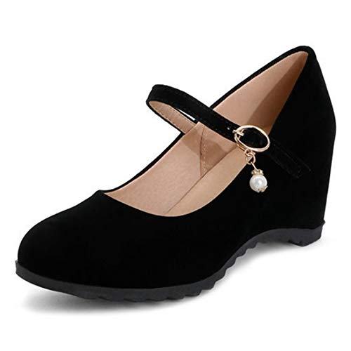 VOKLIN Women's Mary Jane Wedge High Heels Pumps Round Toe Vegan Suede Comfortable Wedding Dress Pump Shoes