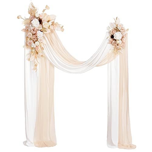 Ling's moment Spring Wedding Arch Flowers Kit Pack of 4, 2pcs Hanging Flower Arrangement 2pcs Chiffon Drapes Ceremony Fake Rose Arbor Backdrop Artificial Floral Outdoor Decorations, White Beige