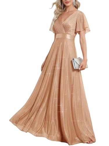Image of Ever-Pretty Women's Summer Glitter Formal Dresses Evening Gown V Neck Short Sleeves Floor Length Mother of Bride Dress 50159