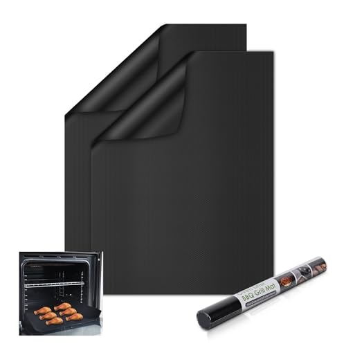 KitchenRaku Non-Stick and Heavy-Duty Oven Liners for Bottom of Fan Assisted Ovens - Home & Kitchen Accessories -Suitable for Most Ovens and Cookers Teflon Oven Liners (Dark Black, 32x50cm 2PCS)