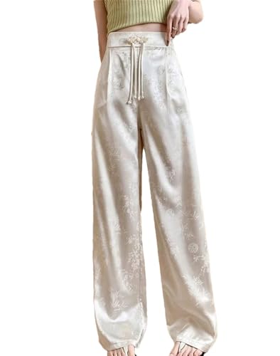 Women Satin Loose Straight Pants Summer Casual High Waist Trousers Vintage Wide Leg Pant