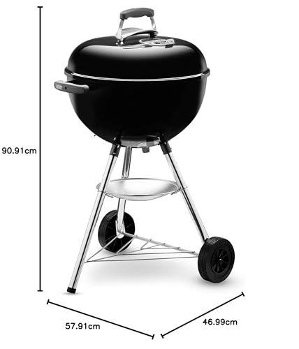 Weber Bar-B-Kettle Holzkohlegrill/Porzellanemaillierter Deckel und Kessel, 47 cm Grillfläche, Ascheauffangschale, Dreibein-Ständer und Räder, Schwarz/Silber