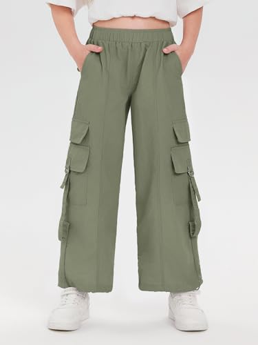 Image of Haloumoning Girls Parachute Pants Kids Wide Leg Cargo Pants Y2K Street Trousers with Pockets 5-14 Years