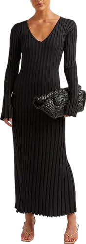 Image of Women's Long Knit Crewneck Sweater Dress Tie Waist A-Line Swing Pleated Bodycon