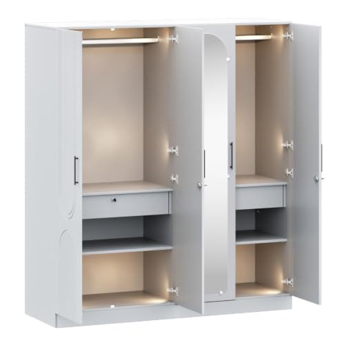 Image of Wakefit Tyrian Plus 4 Door with 4 Shelves 2 Drawers 2 Hanging Areas 1 Mirror SH3-Carcass: Frosty White,Shutter: White