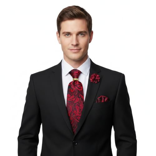 Image of 5PCS Tie and Pocket Square for Men, Silk Necktie and Handkerchief Cufflinks with Gold Ring and Lapel Pin Set