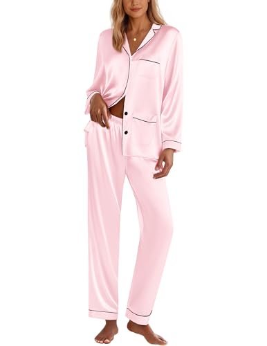 Image of Ekouaer Pajamas for Women Silk Satin Button Down Long Sleeve Pajama Sets