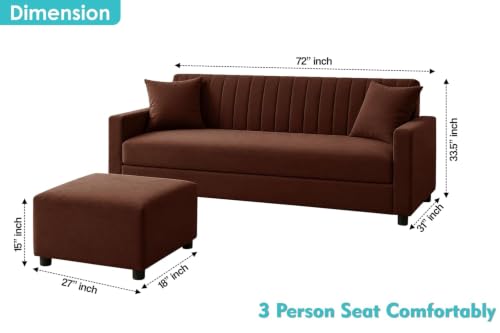 Image of Urban Decor 3 Seater Wooden Sofa Set with Matching Ottoman, Modern Channel Tufted Velvet Fabric Couch for Living Room-Brown