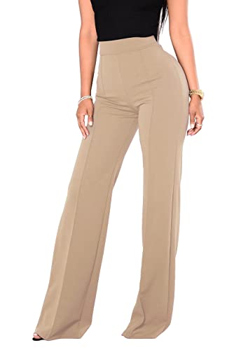 FANCYINN Womens Casual Bootcut Ease Into Pants Stretchy Bell Bottom Flare Palazzo with Tummy Control Summer Trousers Khaki Light Thin L