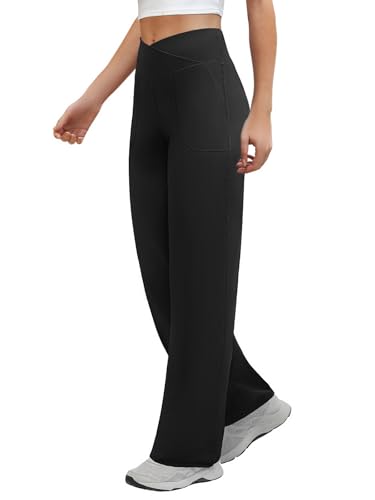 Wide Leg Pants Woman Crossover Yoga Pants with Pockets Loose Stretchy Work Dress Pants Casual Lounge Sweatpants