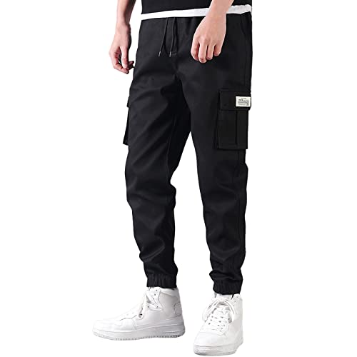 Pantalon de jogging cargo léger avec plusieurs poches, pantalon de jogging, coupe ample printemps, automne, hiver, pantalon de loisirs pour enfants garçons (noir, 158-164) Cover