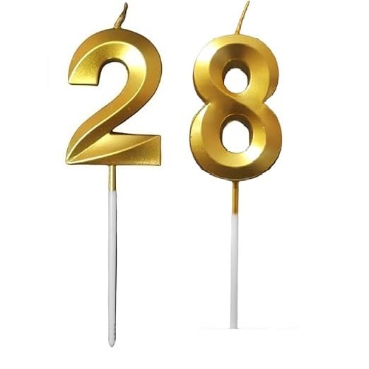 Image of ToyUniverse Number 28 Metallic Gold Candle for Twenty Eighth Birthday, Anniversary, Surprise Party Cake Decoration (Pack of 2)