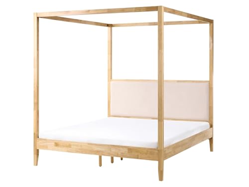 Beliani Lit à Baldaquin Minimaliste en Bois 160 x 200 cm Tête de Lit Rembourré Marron Clair Haillicourt