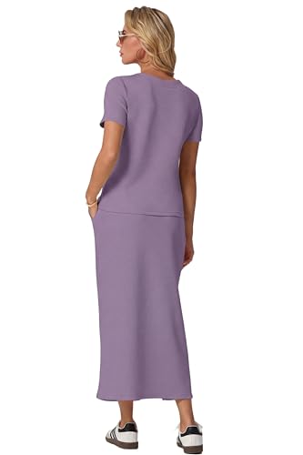 Image of GRECERELLE Women Summer Casual 2 Piece Sets V-Neck Wrinkle-Free Top & Elastic Waist Midi Side Slit Skirt with Pockets