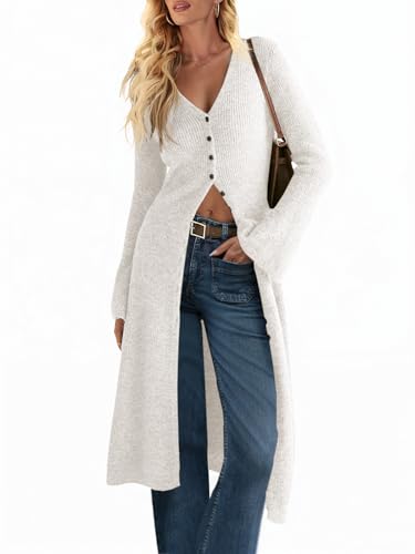 Saodimallsu Womens Long Cardigan Sweaters Oversized Bell Sleeve Open Front Button Down Casual Knit Fall Midi Dress White