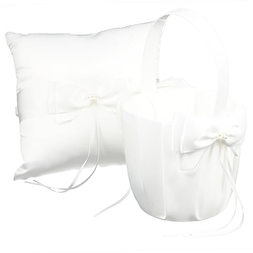 MUCKLILY Modern Bowknot Ring Pillow with Basket Wedding Flower Basket Pillow for Bride