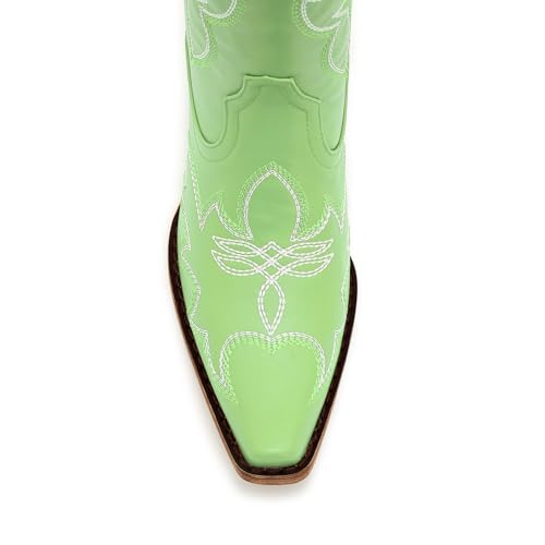 Image of Uillnoodu Women's Turquoise Cowgirl Boots - Wide Calf Mid Calf Western Boots Plus Size Embroidered Cowboy Style with Block Heel