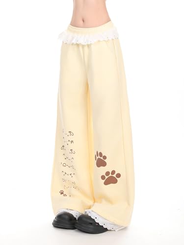 Women's Y2k Harajuku Kawaii Cat Paw Print Lace Trim Sweatpants Coquette Preppy Cute Loose Fit Casual Wide Leg Pants2