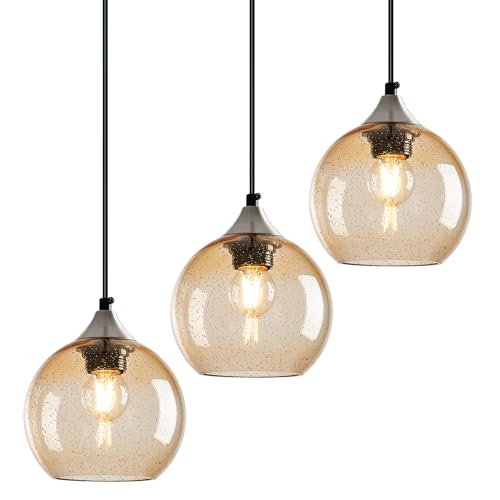 Image of Light Brown Glass Pendant Lights Kitchen Island Globe Pendant Light Fixtures Modern Pendant Lighting for Bedroom Living Dining Room Light Fixture (5.9 in, 3 Pack)