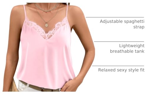 Image of Ekouaer Women's Satin Camisole Lace Silk Satin Pajama Tank Tops V Neck Soft Spaghetti Strap Loose Sleepwear Light Pink M