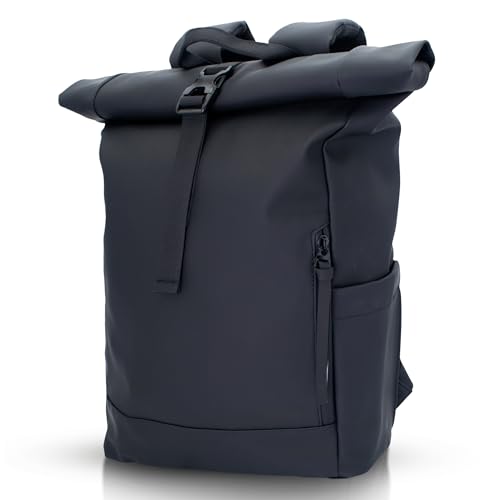 iNeq Roll Top Backpack Water Resistant Men and Women with Padded 15.6 Laptop & Tablet Compartments | Versatile Rolltop Rucksack | Expandable Travel Backpack for Work School & Outdoors (Black)