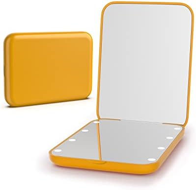 Kintion Pocket Mirror, 1X/3X Magnification LED Compact Travel Makeup Mirror, Compact Mirror with Light, Purse Mirror, Portable, Folding, Handheld, Small Lighted Compact Mirror for Gift, Yellow