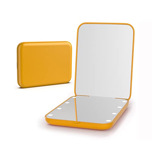 Kintion Miroir de poche, grossissement x1/3x, LED, miroir de maquillage compact avec lumière pour sac à main, 2 côtés, portable, pliable, portable, petit miroir lumineux pour cadeau, jaune
