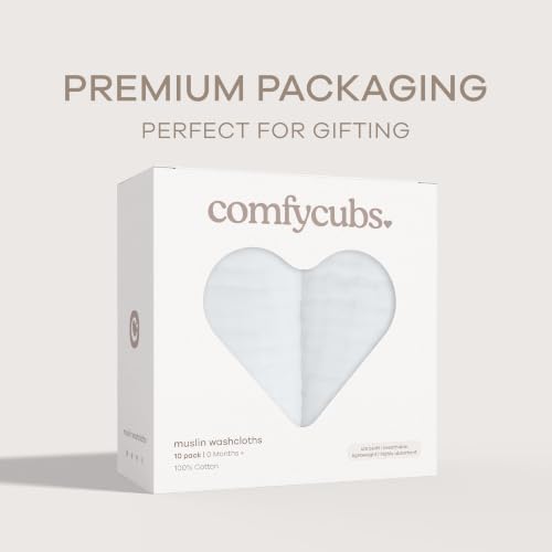 Image of Comfy Cubs Muslin Baby Washcloths 10 Pack - Soft 6-Layer Cotton Wash Cloths for Sensitive Skin - 10 inchx10 inch Large, Gentle, Absorbent Infant Essentials for Newborn and Toddlers - White
