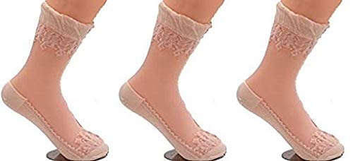 Fashiol Ultra-Thin Elastic Nylon Transparent Silky Short Lace Ankle Socks for Women & Girls ? Skin,Black (Pack of 3)