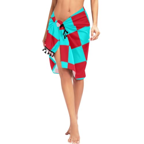Pareo de traje de baño escocés cian rojo casual como vestido de playa 4